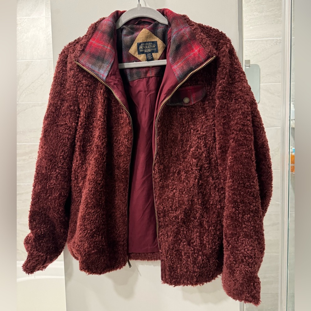 Pendleton Fuzzy Sherpa Wool Blend Full Zip Burgundy Jacket